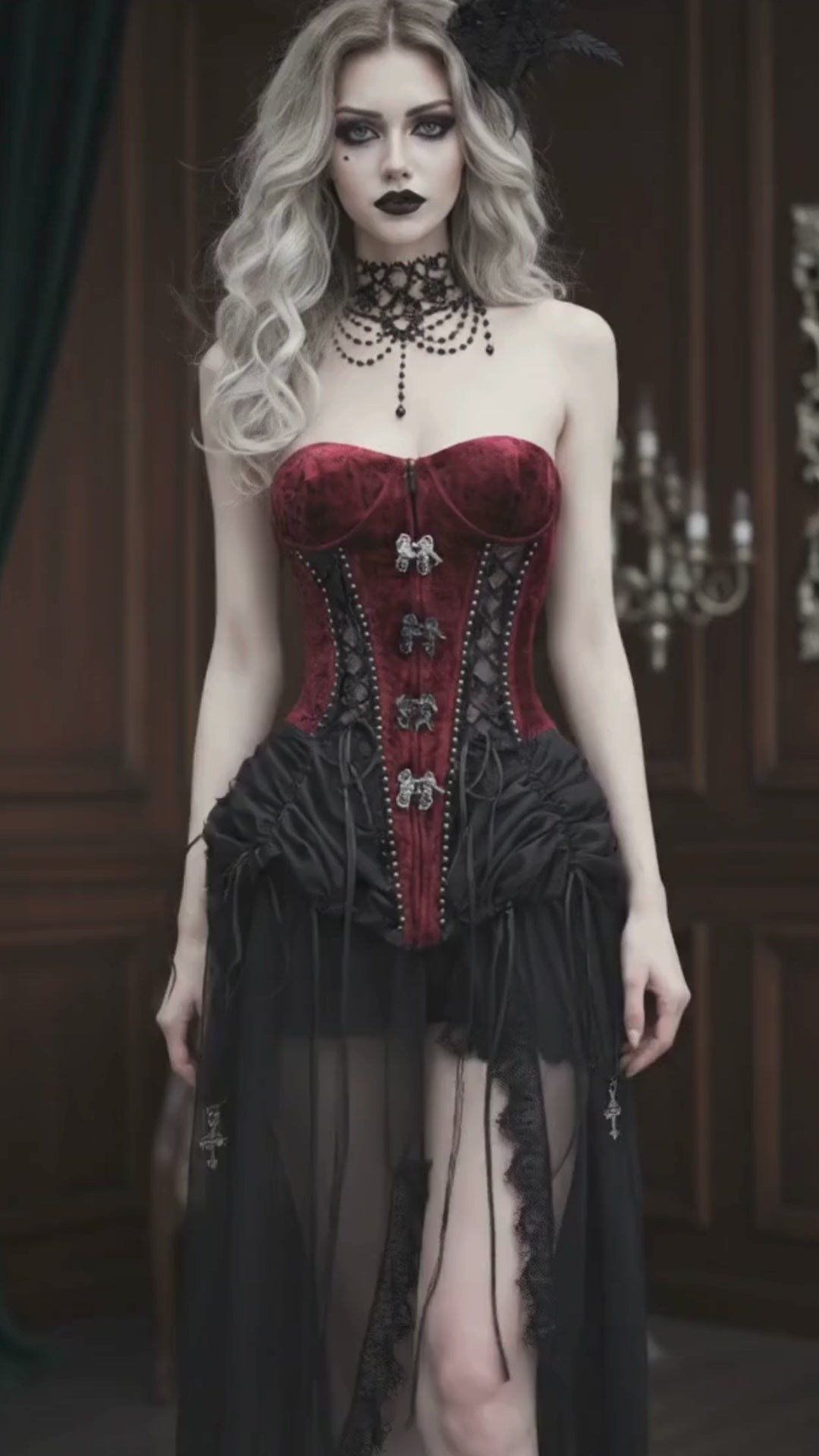 Gothic Victorian Wedding Dress, Burgundy Velvet Corset Gown, High-Low Gothic Dress, Steampunk Masquerade Costume.