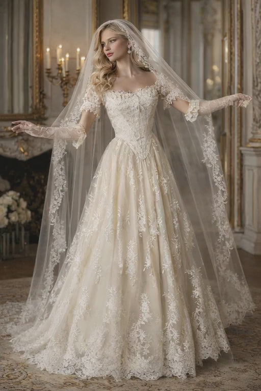 Vintage Ivory Lace Wedding Dress • French Corset, Puff Sleeves