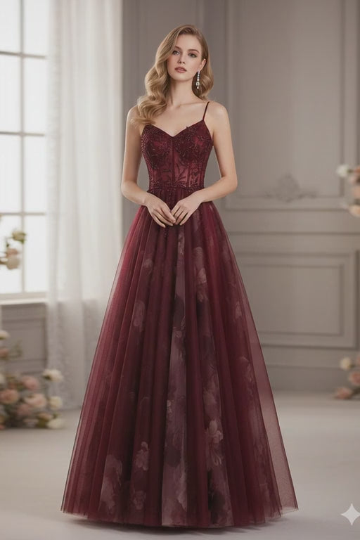 Burgundy Embroidered Tulle A-Line Evening Gown – Spaghetti Strap Formal Prom Dress