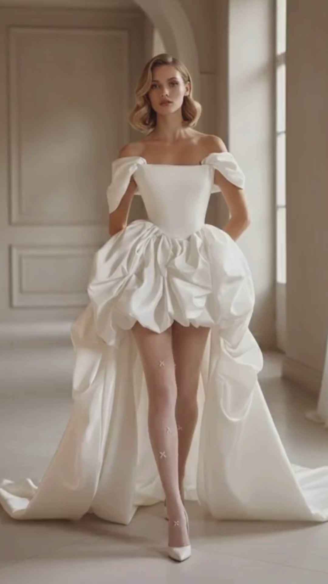 Off-Shoulder High-Low Bubble Hem Bridal Mini Dress with Detachable Train – Couture Short Wedding Gown