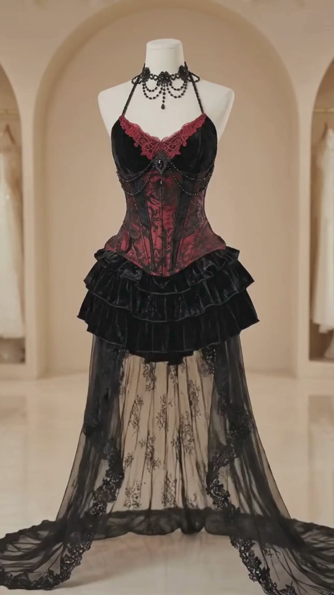 Gothic Victorian Wedding Dress, Burgundy Velvet Corset Gown, High-Low Gothic Dress, Steampunk Masquerade Costume. (Copy)