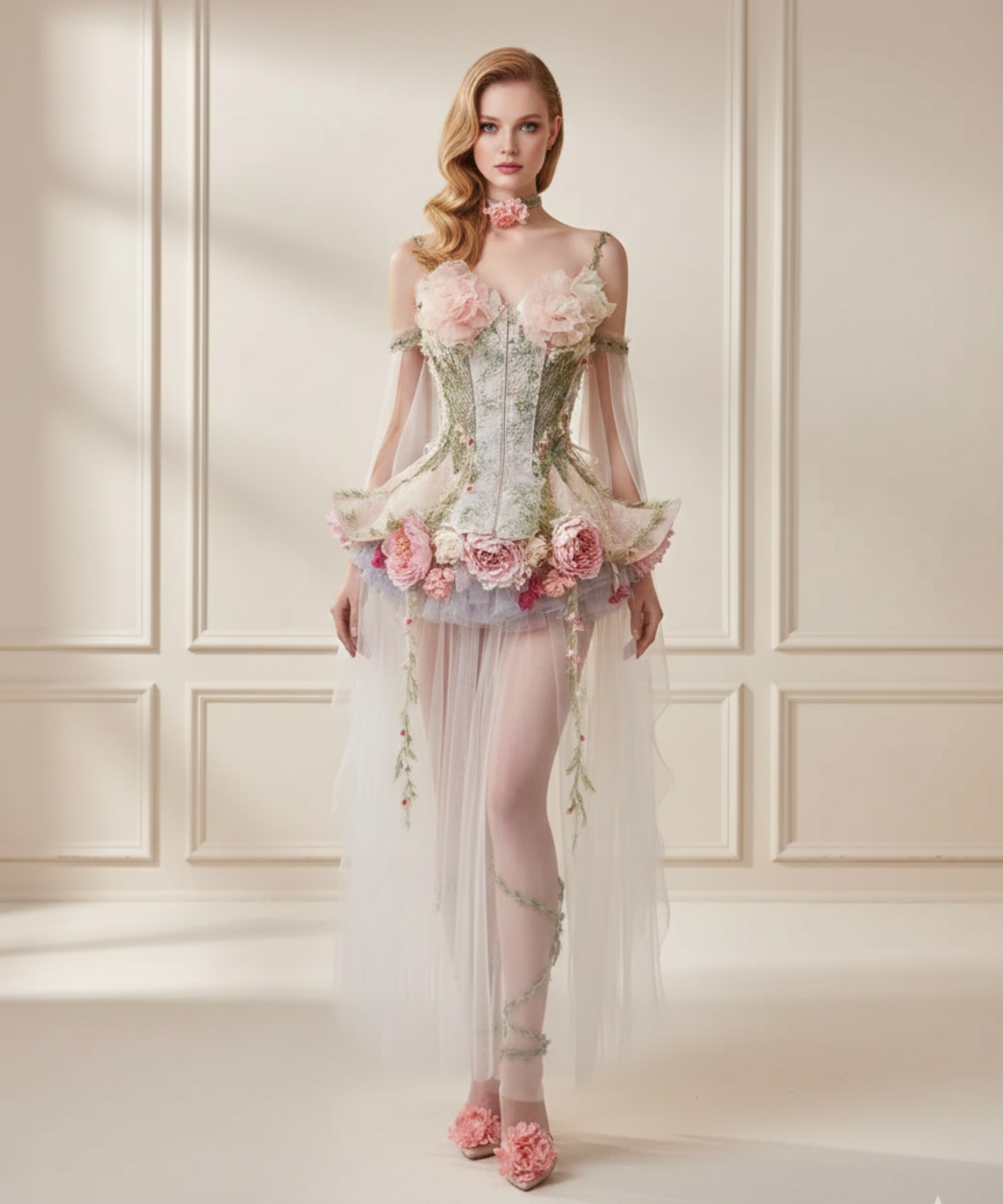Couture 3D Floral Embroidery Fairy Corset Mini Dress with Tulle Train